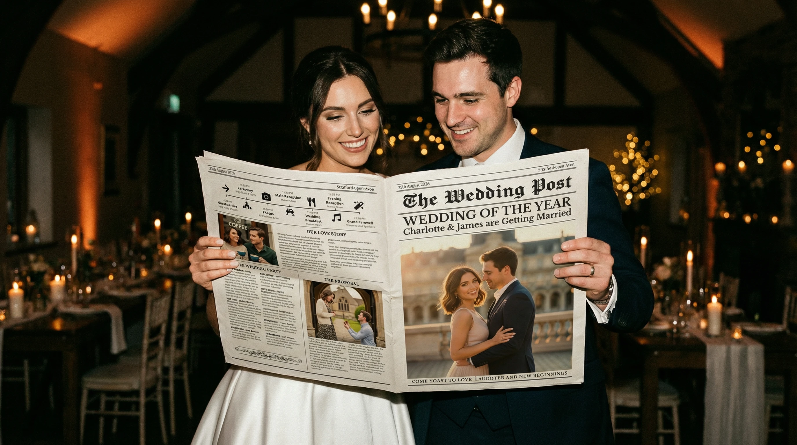 a bride and groom with a wedding newspaper